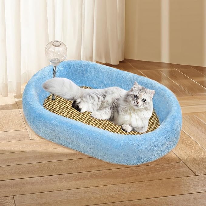 Baoblaze Kitten Bed Oval Cats Scratch Pad Furniture Protector with Ball Play Chasing Sofa Protection Training Toys Cat Scratcher Board, Blue