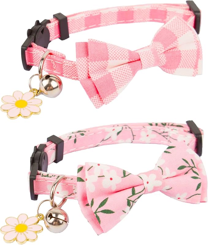 PTDECOR Pink Cat Collar Breakaway with Cute Bow Tie Bell Charm, Plaid Flower Cat Bowtie Collars for Cats Kittens (Pink)