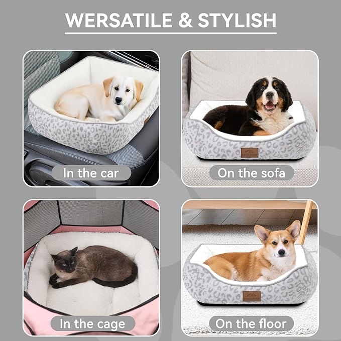 Zerbuger Rectangle Cat Dog Bed for Large Medium Small Pets Indoor Outdoor Machine Washable Sleeping Sofa Non-Slip Bottom Soft Puppy Bed Durable Orthopedic Calming Pet Cuddler (Medium, White Leopard)