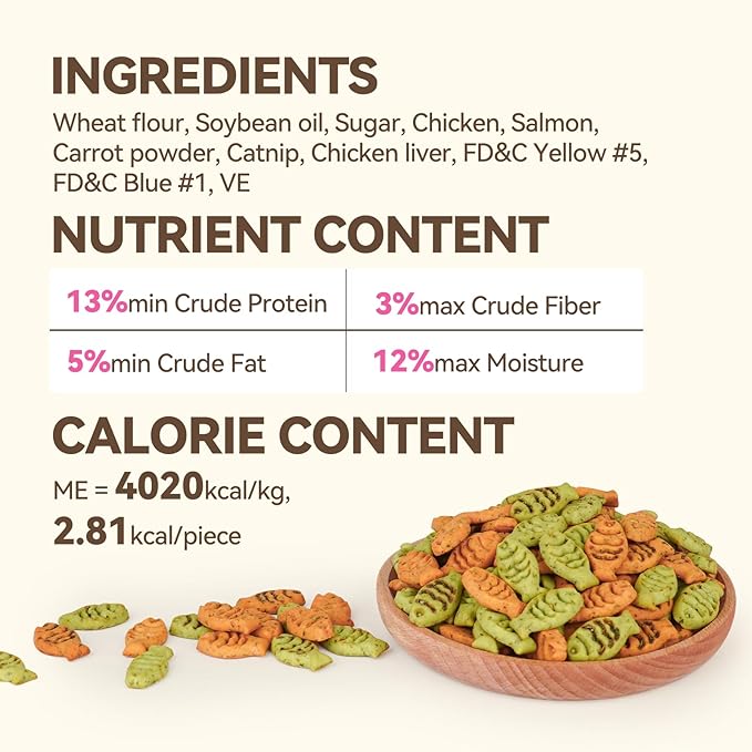 Catnip Cat Treats, Chicken & Salmon Flavor Crunchy Cat Biscuits, Fish-Shaped Training Snacks for Adult Cats, 30 oz