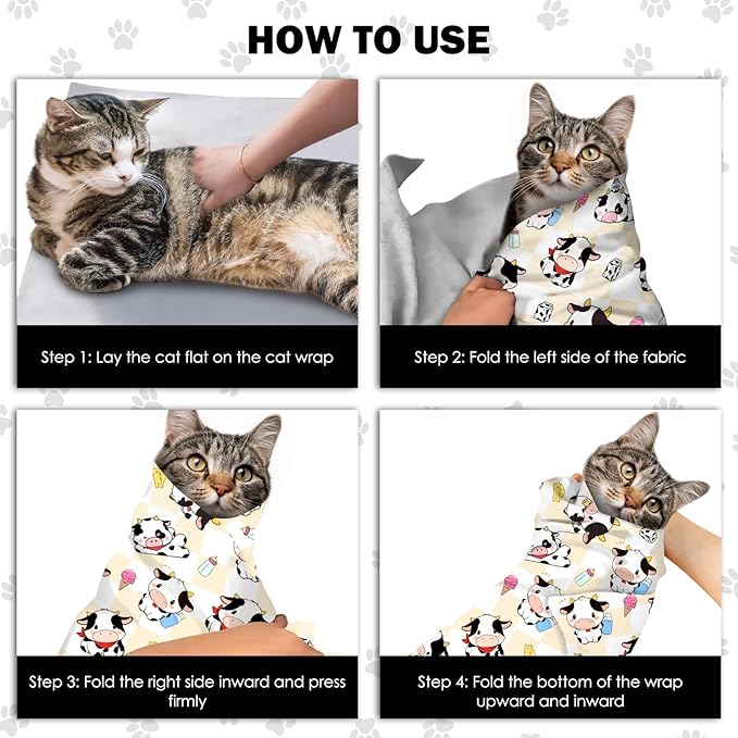27.6"Cat Grooming Wrap, Self Adhesive Cat Wrap for Cutting Nails, Anti-Escape Calming Cat Swaddle Wrap for Medicine Ear Cleaning, Cow Anti-Scratch Cats Burrito Restraint Blanket, Pet Tool (6-10 lbs)