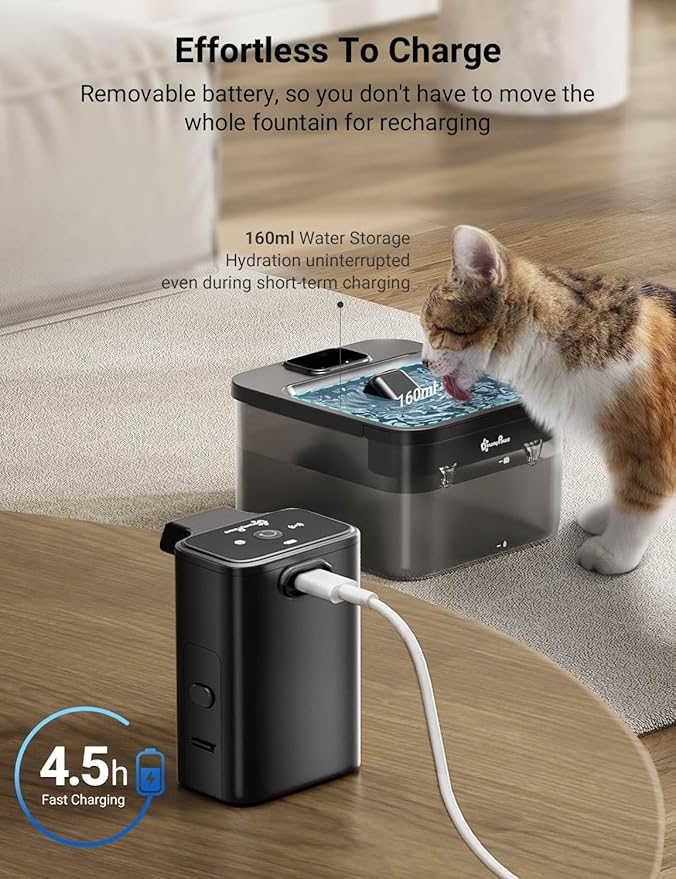 DownyPaws Cat Water Fountain Cordless, 84oz/2.5L Fursink Wireless Pet Water Fountains for Cats Indoor, Battery Operated Cat Drinking Fountain with Motion Sensor, BPA-Free, Black with 6 Filters
