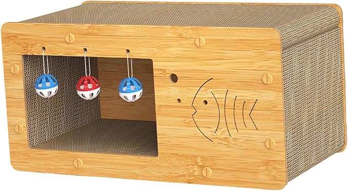 Cat Nest Cat Bed with Scratching Board Activity Toys Non Slip Decoration Multifunctional Crafts Furniture Protection Cat Cardboard Bed, Fish Pattern, L