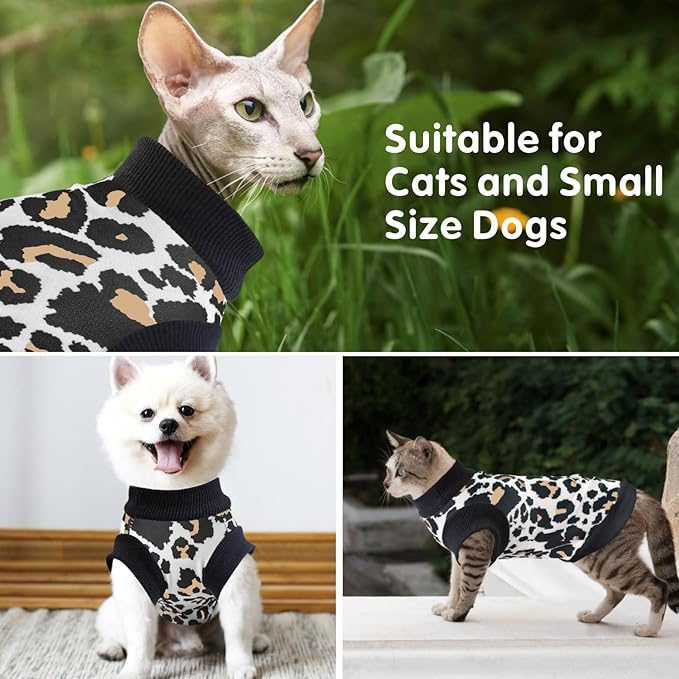 Idepet Cat Clothes Kitten Sweater Soft Kitten Shirt Cute Leopard Print Kitty Vest Pullover Pajamas Jumpsuit Cotton Apparel for Hairless Cats &Puppy (White,XS)