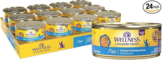 Wellness Complete Health Pate Adult Canned Wet Cat Food, Natural, Protein Rich, Grain Free, Chicken and Herring Dinner Recipe, 5.5 oz, Pack of 24 Cans