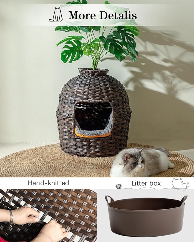 SETVSON Cat Litter Box Plant Furniture Enclosure, Hidden Handwoven Rattan with Cat Litter Box and Artificial Plants, Odor Control Filter, Real Stones in Living Room, Bedroom, Corner (Brown)