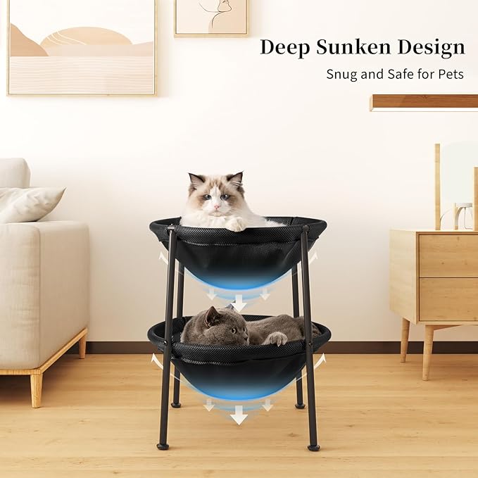 JUNSPOW Double Cat Bed Black, Breathable Pet Bed for 2 Cats with 4 Adjustable Feet & Anti-Slip Mats, Easy Assembly Cat Hammock for Multi-cat Household, Indoors & Outdoors, 22.8 in x18.7 in x 18.7 in