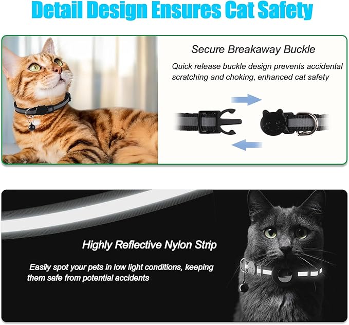 Reflective Cat Collar Fits for AirTag Holder, Breakaway Safety Buckle, Bell & Adjustable Strap for Cats Kittens - Compatible with Apple AirTag, Anti-Lost Pet Tracker Collar,Black