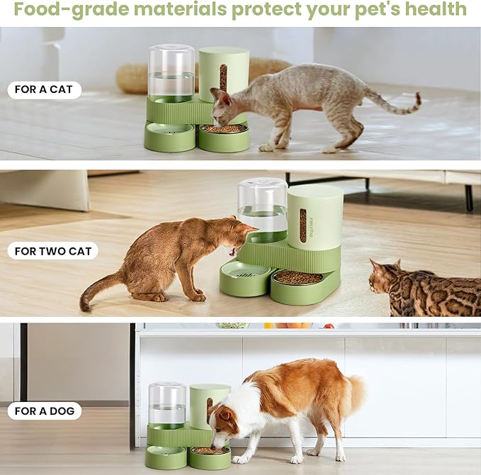 2 Pack Automatic Cat Feeder Stainless Steel Water Dispenser Gravity Food Feeder and Waterer Set with Pet Food Bowl for Small Medium Kitten Puppy Pets Large Capacity(Green)