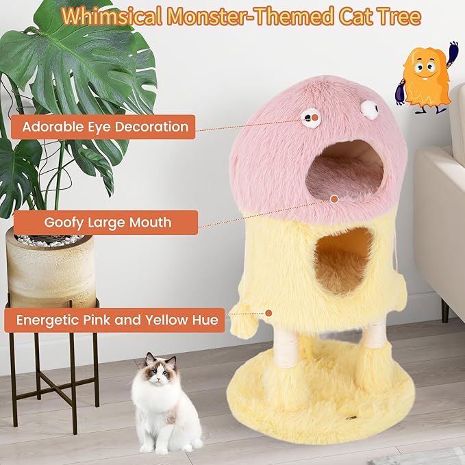 Tangkula Monster-Themed Cat Tree, 3-Level Cat Tower Activity Center with 2-Story Cat Condo, Sisal Scratching Posts & Hanging Toys, Long Plush Cute Cat Tree Tower for Indoor Cats (37 Inch)