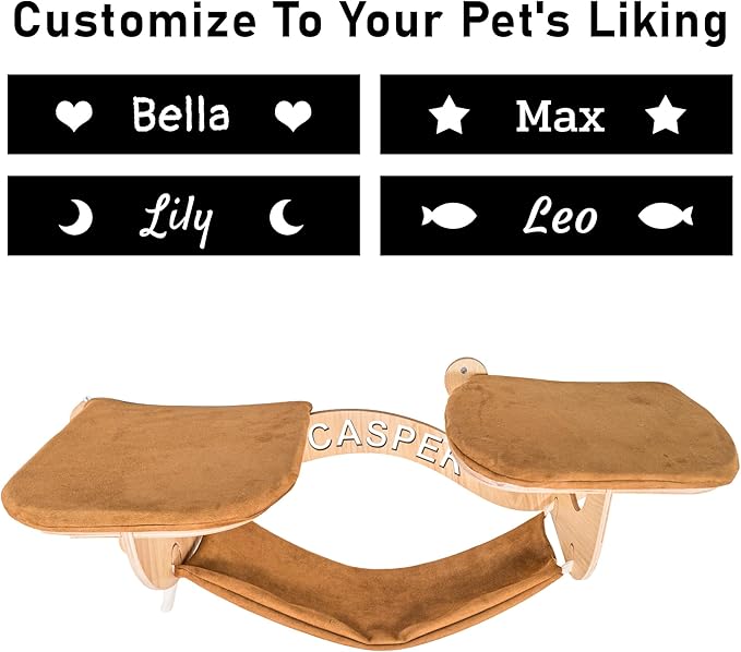 Personalized Cat Hammock for Wall with 2 Steps, Wood Mounted Furniture, Window Hammock for Cats Inside, Cat Perch Wall, Wooden Bed for Playing Sleeping, Your Cat Gifts