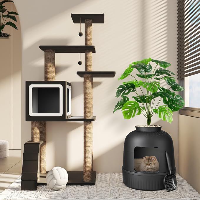 Lifewit Cat Litter Box, Hidden Enclosure Litter Tray with Odor Control & Carbon Filter in Living Room, Bedroom, Corner with Faux Plant& Stainsteel Scoop, 48 x 120 cm/19x47, Black