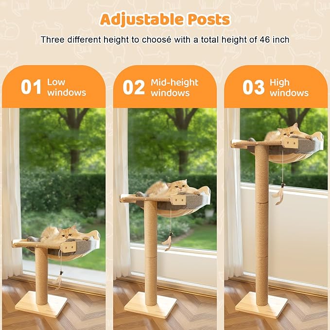 Cat Window Perch Hammock with 3-Piece Detachable Sisal Scratching Posts, Gray Fluffy Cusion, Drill-Free Suction Cup Mount, Multi-Level Climbing Perch for Bird Watching, 45 LBS Capacity