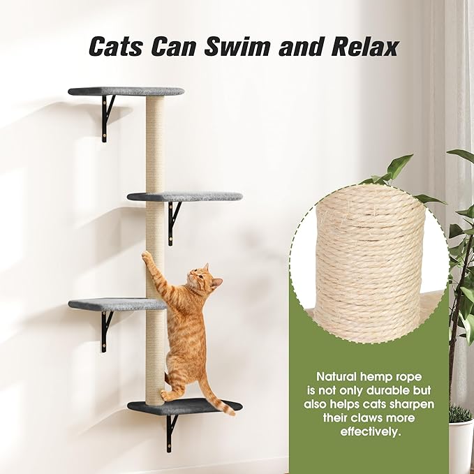 COZIWOW 5-Piece Cat Tree Set with Wall Mounted Cat Shelves, Cat Scratching Post & Cat Wall Furniture, Multi-Functional Indoor Cat Jungle Gym, Essential for Cat Room, Suitable for Large Cats(Grey)