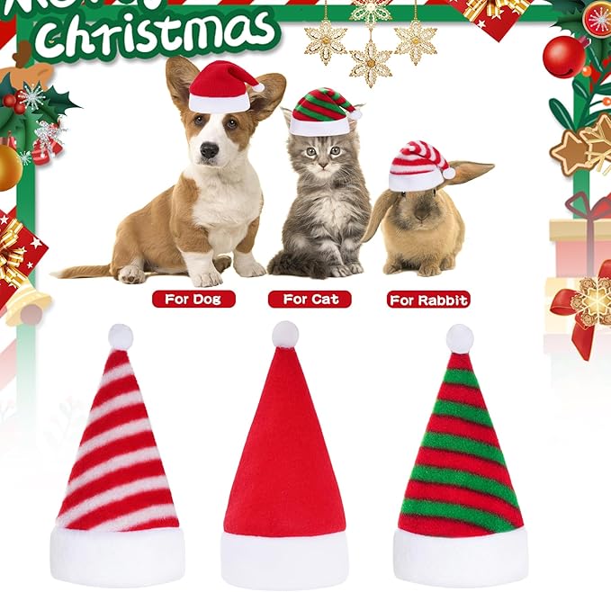 Jmkcoz 6 Pieces Pet Cat Dog Christmas Santa Hat Holiday Party Cute Costumes for Puppy Kitten Christmas Cosplay Dress Up Supplies (Striped)