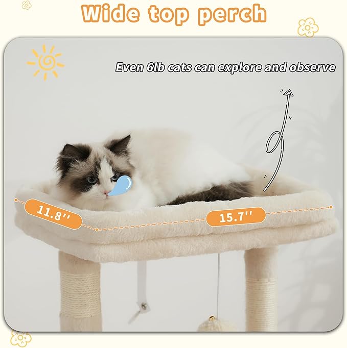Heybly Cat Tree, Kitten Tower with Large Soft Cat Basket,Cat Condo with Spacious Cat Bed Cave with Hidden Space，Sisal-Covered Scratching Posts,Dangling Ball for Indoor Cats, Beige HCT008SM