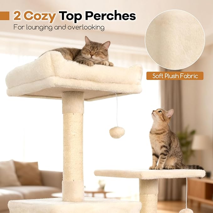 DORTALA 75" Tall Modern Cat Tree, Multi-Level Cat Tower with Large Condos, Sisal Scratching Posts, Top Perch, Hammock, Dangling Balls, Kitten Beds & Climbing Furniture for Indoor Cats (Beige)