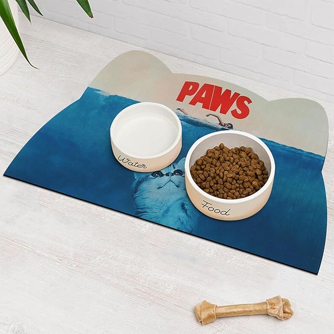 Cat Food Mat - Pet Feeding Mat for Floor, Non-Slip, Waterproof, Super Absorbent, Easy to Clean, Blue, Cat, Dog 15.9''x23.8''