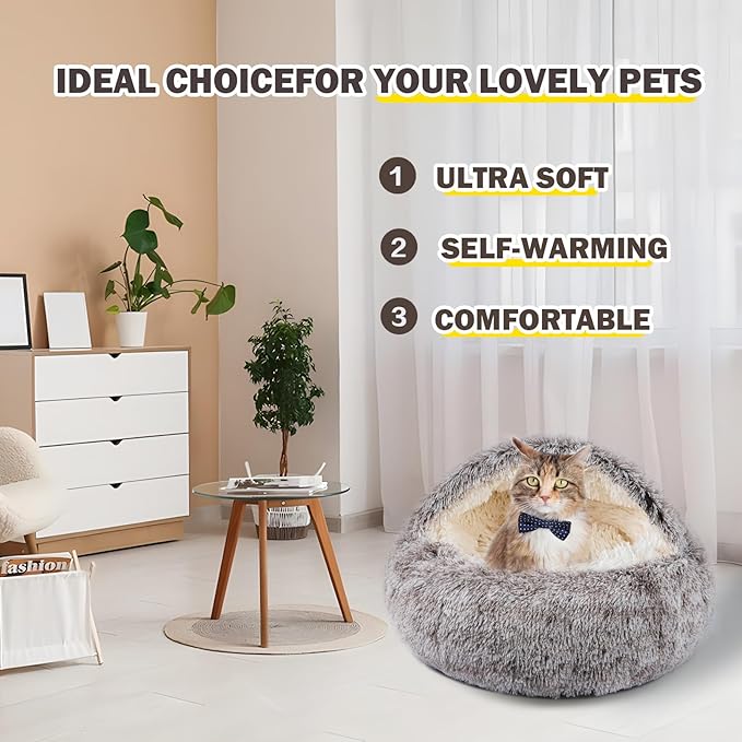 Cat Bed for Indoor Cats, Calming Cozy Cave with Self-Warming Plush, Entire Bed Machine Washable & Anti-Slip Base, Breathable Pet Bed for Small Cats&Dogs All Seasons (Khaki, 22 * 22inch)