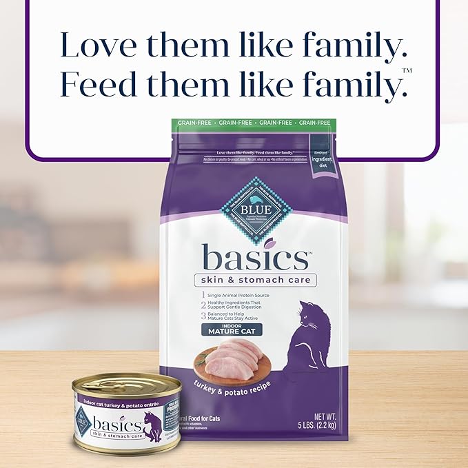 Blue Buffalo Basics Grain-Free Dry Cat Food, Skin & Stomach Care, Limited Ingredient Diet for Mature Indoor Cats, Turkey & Potato Recipe, 11-lb. Bag