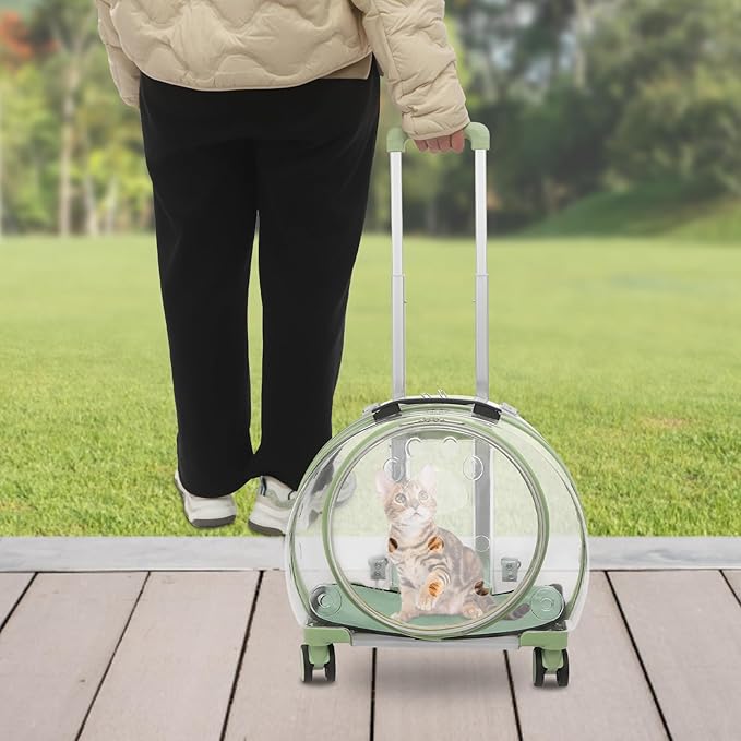 Cat Backpack Carrier, 17.7in Transparent & Fully Breathable Dog/Cat Carrier with Rolling Wheels + Telescopic Handle, Applicable Cat Weight 20 Lbs for Traveling, Taking A Walk. (Green)