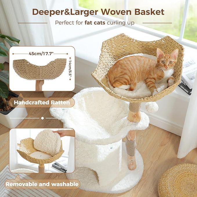 PAWZ Road Modern Cat Tree with Natural Solid Wood Scratching Post, 40 Inches Cat Tower with Spacious Wicker Basket,Large Hammock,Luxury Condo for Indoor Cats
