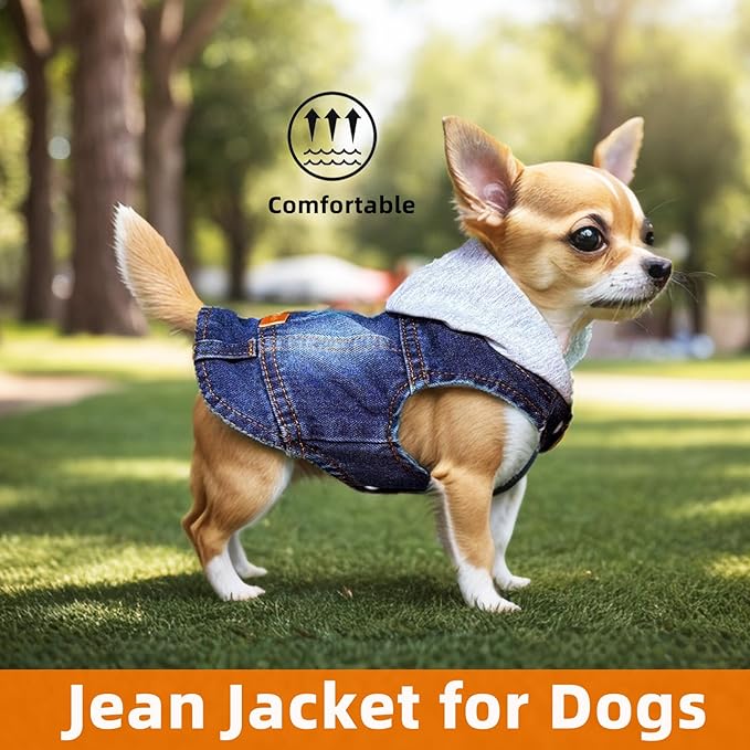 Dog Jeans Jacket with Hooded Denim Pet Coat for Puppy Small Dogs Classic Overalls Male Cat Costumes Washed Vest Clothes Outfit T-Shirts(Hoodie Small)