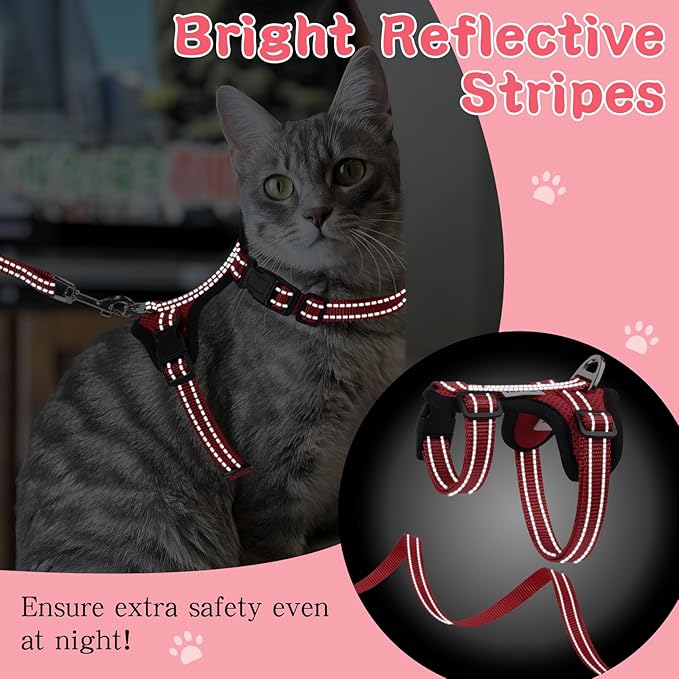 Cat Harness and Leash Set for Walking,Adjustable Escape Proof Kitten Harness and Leash with Reflective Strips,Easy to Wear Soft Breathable Harness for Cats Puppy Bunny Dogs Red