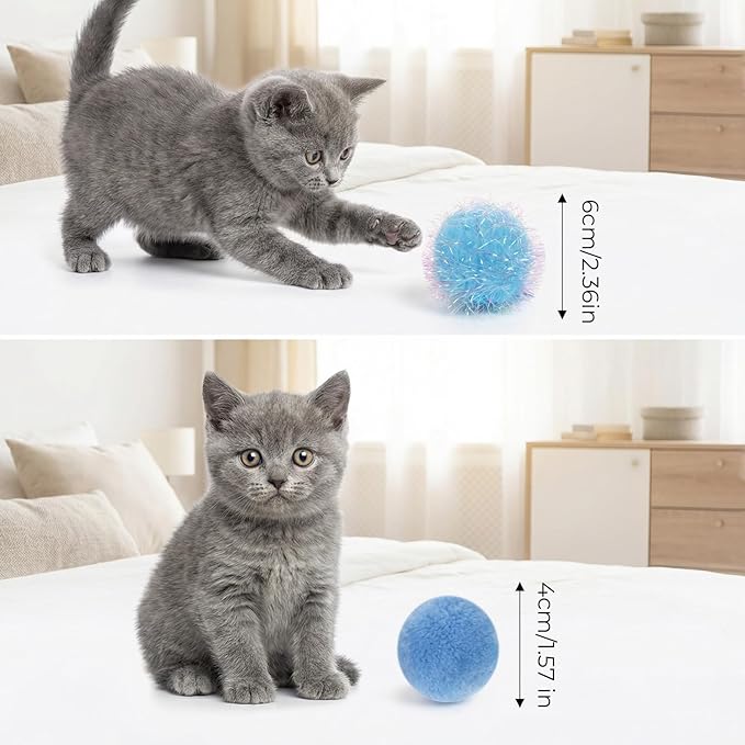 Larrel Glitter Fuzzy Balls for Cats, 16 Pcs Cat Pom Pom Balls Interactive Kitten Toys, Multicolor Soft Cat Ball Toys for Indoor Cats Playing Exercising or Craft DIY Creative Crafts Decorations