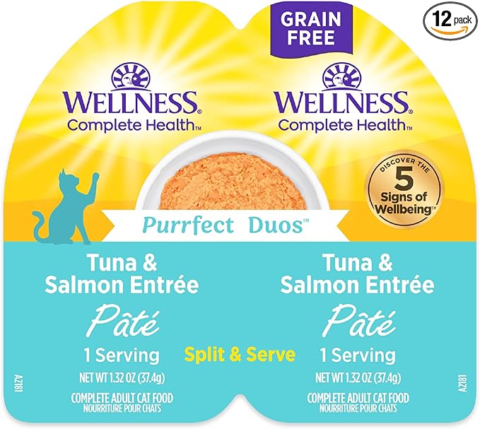Wellness Complete Health Purrfect Duos Pate Adult Wet Cat Food, Natural, Protein Rich, Grain Free, Tuna and Salmon Entrée Recipe, 2.64 oz, Pack of 12 Split Cups