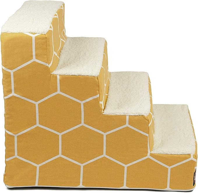 Majestic Pet 4 Step Portable Dog Stairs for Small Dogs to get on Bed Supports 250 lbs or Less – Dog Steps for High Bed with Machine Washable Cover –Pet Stairs for Cats Hexo Shapes Yellow
