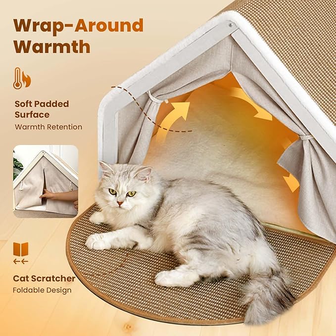 Cat Houses for Indoor Cats - Large Cat Bed Cave with Natural Sisal Cat Scratcher Mat, Solid Wood Frame Cat House with Curtains and Cat Floor Scratching Pad Rug, Protect Couch and Carpets, L