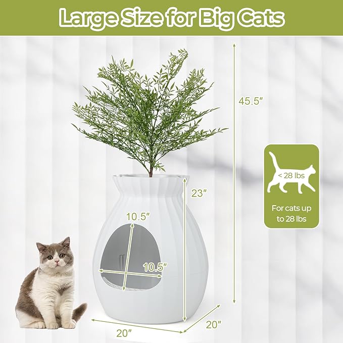 Giantex Cat Litter Box Plant - Hidden Litter Box Furniture with Electronic Odor Removal System, Detachable Door Curtain, Scoop, Cat Litter Box Enclosure Planter Home Decor, Easy to Clean (White)