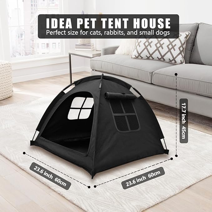 Anti-Anxiety Open Pet Tent, Calming Hideaway Monitoring Bed for Cats & Small Dogs, Breathable Mesh, Tool-Free Setup, Indoor Outdoor Travel, Black