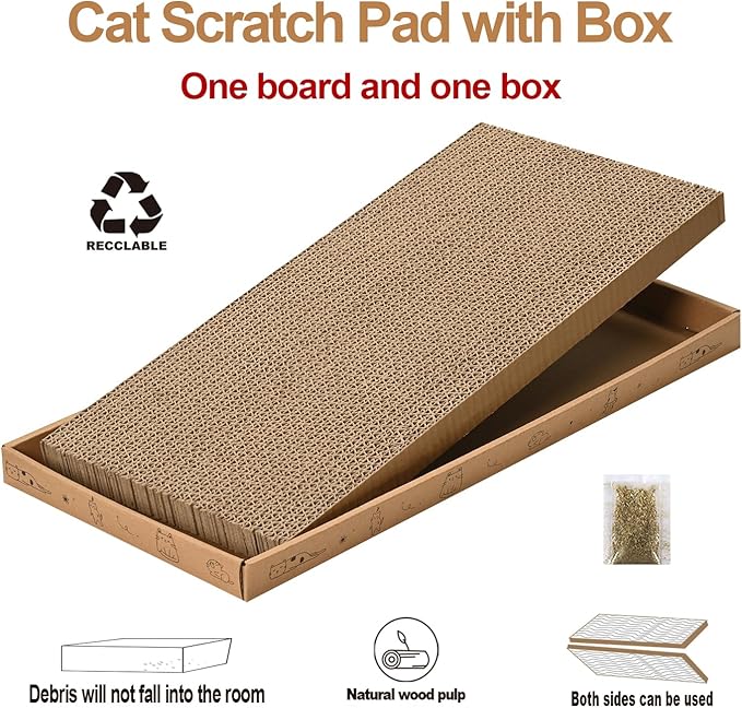 Cat Scratcher Cardboard with Box Durable Corrugate Scratching Kitty Sofa Lounge Bed Reversible Catnip Included for Indoor Cats, Cat Scratching Pad, Cat Post, Double-Sided Design, Large (Box,5pcs)