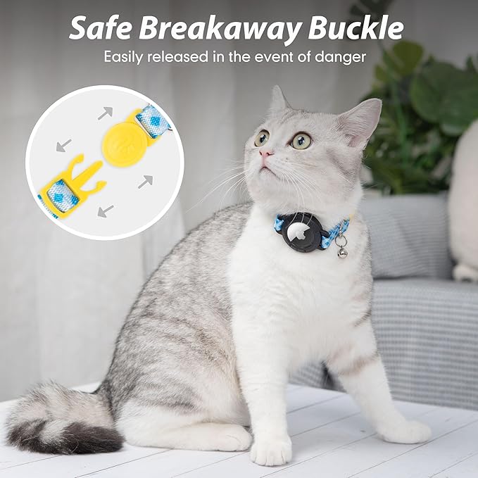 azuza AirTag Cat Collar Breakaway, Integrated Cat Collar with Air Tag Holder and Bell, Safety Lightweight Cat Tracker Collars for Kittens, Blue Plaid, Kittens (7"-9")