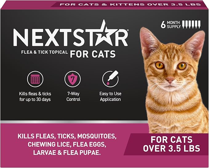 NEXTSTAR Flea and Tick Prevention for Cats, Repellent and Control, Fast Acting Waterproof Topical Drops, Flea Prevention for Cats Over 3.5 lbs, 6 Monthly Doses