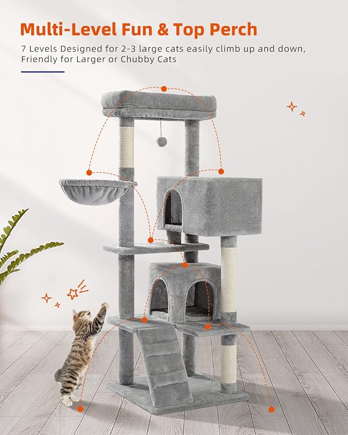 MUTTROS Cat Tree for Large Cats with Super Large Top Perch, 56.3" Cat Tower with Plush Hammock, Dangling Pompom, Cat Scratching Posts and 2 Condos House, Light Grey