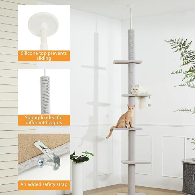 Cat Craft Cat Tree Floor to Ceiling 95-108" Tall Cat Tree Carpet Cat Tower Kitten Tree Sisal Scratching Post and Mat Cat Pole for Indoor Cats, White Grey
