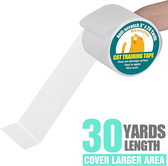 Karaseno Anti Cat Scratch Tape: 3 inches x 20 Yards Cat Training Tape, 100% Transparent Clear Double Sided Deterrent Tape Furniture Protector