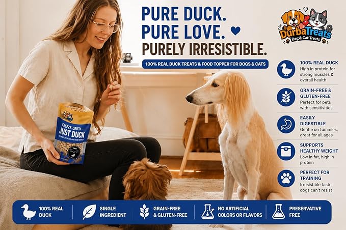 Freeze Dried Duck Large Pack Raw Dog & Cat Treats - Single-Ingredient Snacks, Food Topper Increase Appetite. Ideal for Pets with Allergies. Weight Control, Training Bites, High Protein (5 Ounce, Duck)
