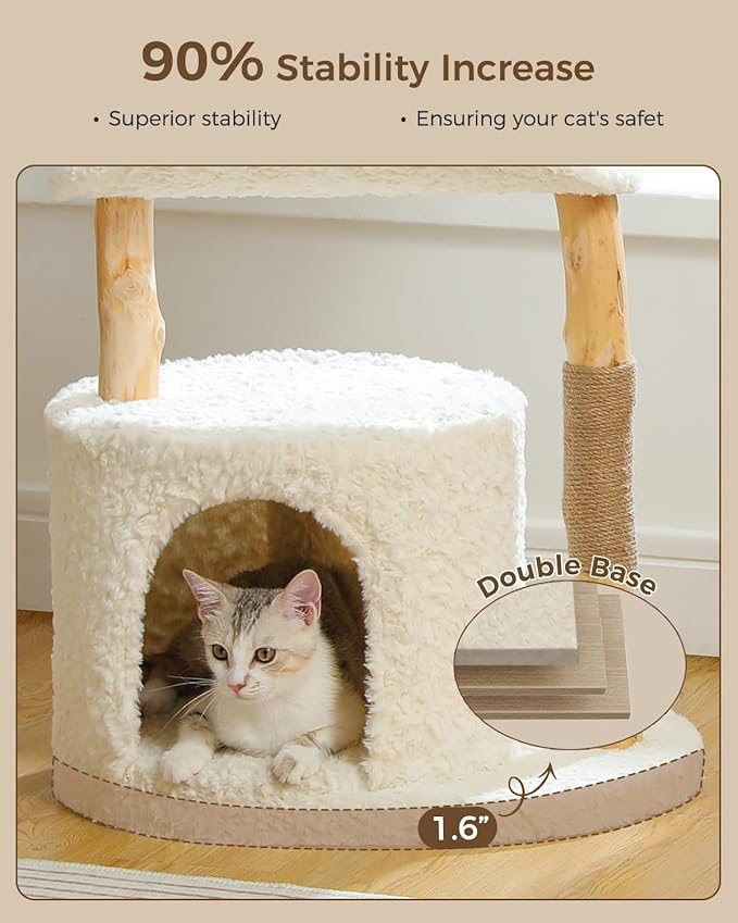 MUTTROS Modern Cat Tree Tower for Large Cats, Wood Cat Tower with Natural Scratching Post, Solid Wood Condo, Real Branch Luxury Cat Furniture with Curved Bed, Top Basket, White
