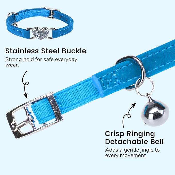 BINGPET Diamond Cat Collar,Adjustable Soft Velvet Leather Safe Kitten Collar with Crystal Heart Charm and Bells,Girl Boy Bling Stylish Cat Collars with Safety Elastic (Blue, Neck Girth 8"-10")