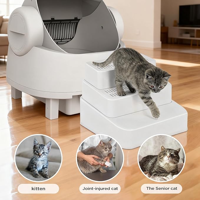 Adjustable 3 Steps Litter Box Ramp, Cat Ramp for Litter Box with Litter Trapper, Litter Box Step for Small & Elderly Cats, Fits Automatic Litter Boxes (White)