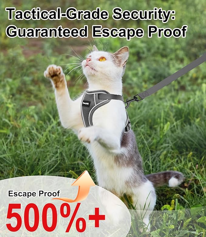 Cat Harness and Leash for Walking Escape Proof Soft Adjustable Cat Leash Breathable Comfortable Vest Easy to Wear Kitten Harness for Outdoor Travel (Grey, S (7-12lb))