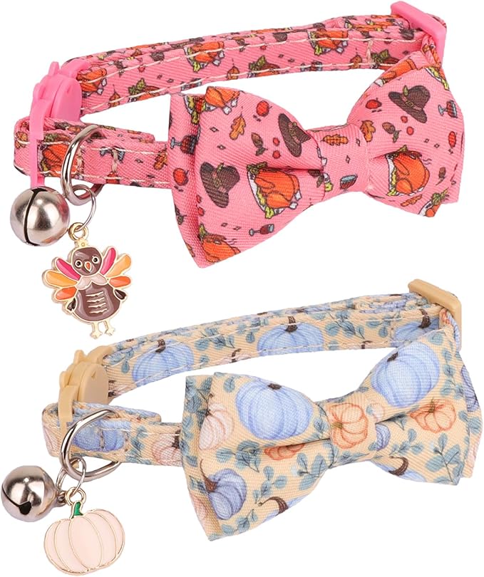PTDECOR Thanksgiving Cat Collar Breakaway with Bow Tie Bell, Turkeys and Pumpkins Pattern Collar, Thanksgiving Bowtie Collars for Cats Kittens
