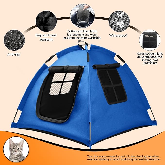 Portable Pet Tent with Full-Enclosure Zippered Mesh Door, Indoor & Outdoor Cat House for Safety & Ventilation, Cozy Nest for Cats, Puppies & Small Animals, Blue