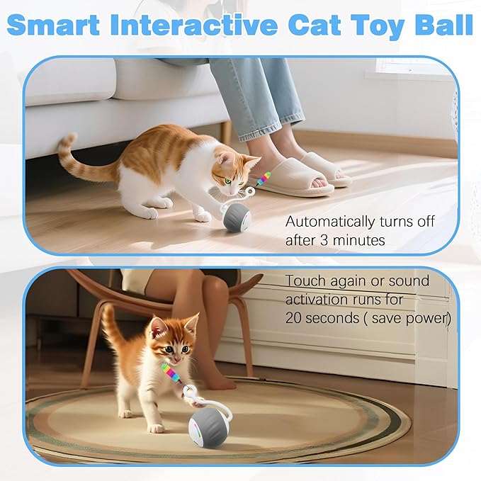 2.36 Inches Large Cat Toys Ball - Won’t Get Stuck, [Newly Upgraded] Sound & Motion-Activated, 2 Speed Fast/Slow Settings Automatic Interactive Cat Toy for Indoor Cats with 5 Tails Rechargeable - Gray