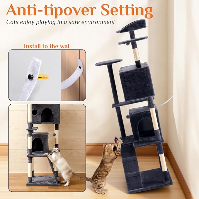 Sweetcrispy 62 Inch Cat Tree Tower, Multi-Level with Cat Scratching Post, Indoor Cat Condo with Climbing Ladder, Plush Toy, Play House for Cat, Dark Grey
