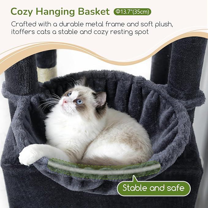 Globlazer 74in Heavy Duty Cat Tree for Large Indoor Cats, Multi-Level Cat Tower with Scratching Post, Cat Condos with Climbing Ladder, Hammock, Extra Large Top Perches, Pet Bed, F74D, Dark Grey
